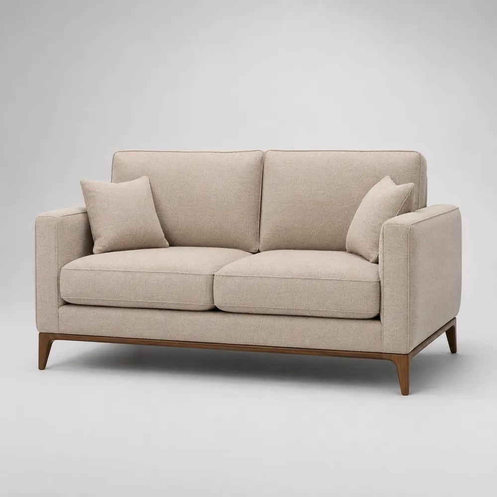Canapé rectangulaire 2 places en tissu polyester beige avec pieds en bois brun, 160 × 84 × 85 cm