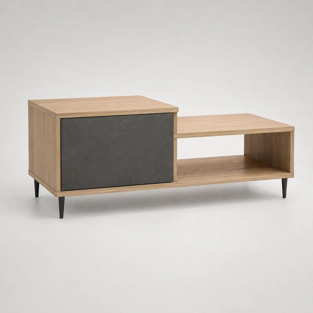 Table basse rectangulaire en bois et métal avec rangement, effet chêne clair, anthracite et noir, 120 × 60 × 45 cm