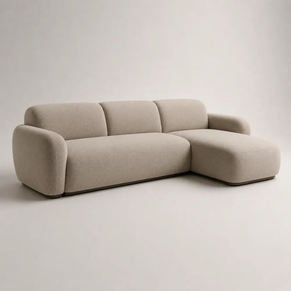 Canapé d’angle 3 places en tissu bouclé beige clair avec méridienne droite, 240 × 160 × 82 cm