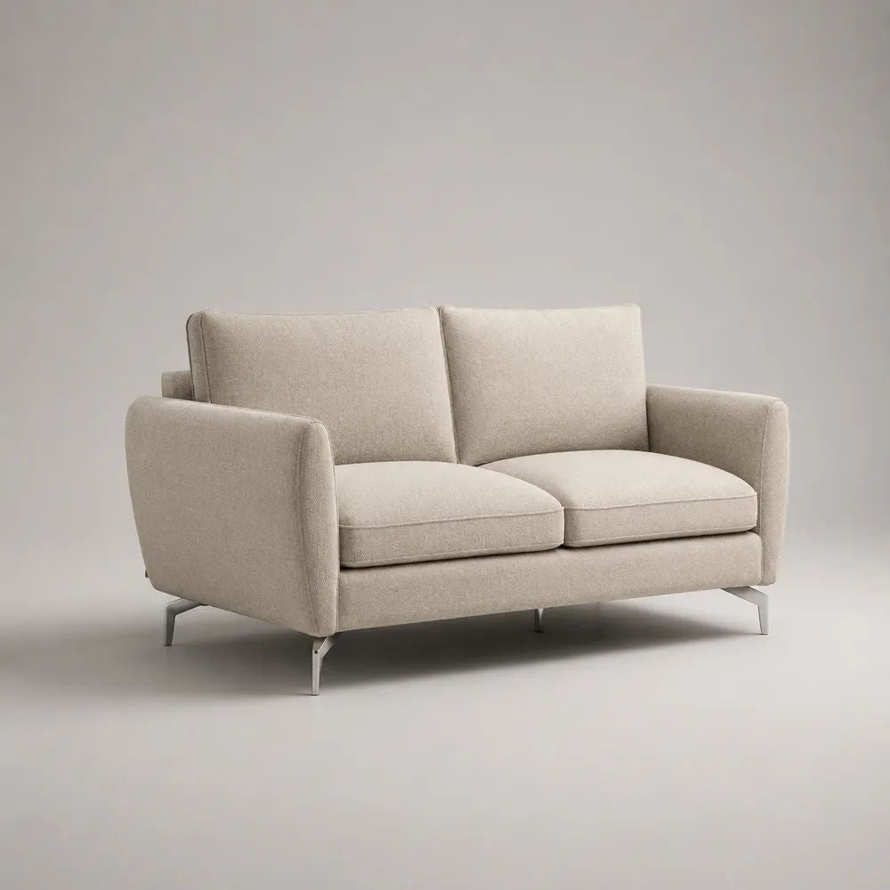 Canapé 2 places rectangulaire en polyester beige clair avec pieds en acier chromé, 160 × 85 × 85 cm