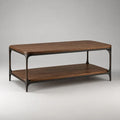 Table basse rectangulaire en MDF plaqué noyer et acier noir avec étagère, 120 × 60 × 45 cm