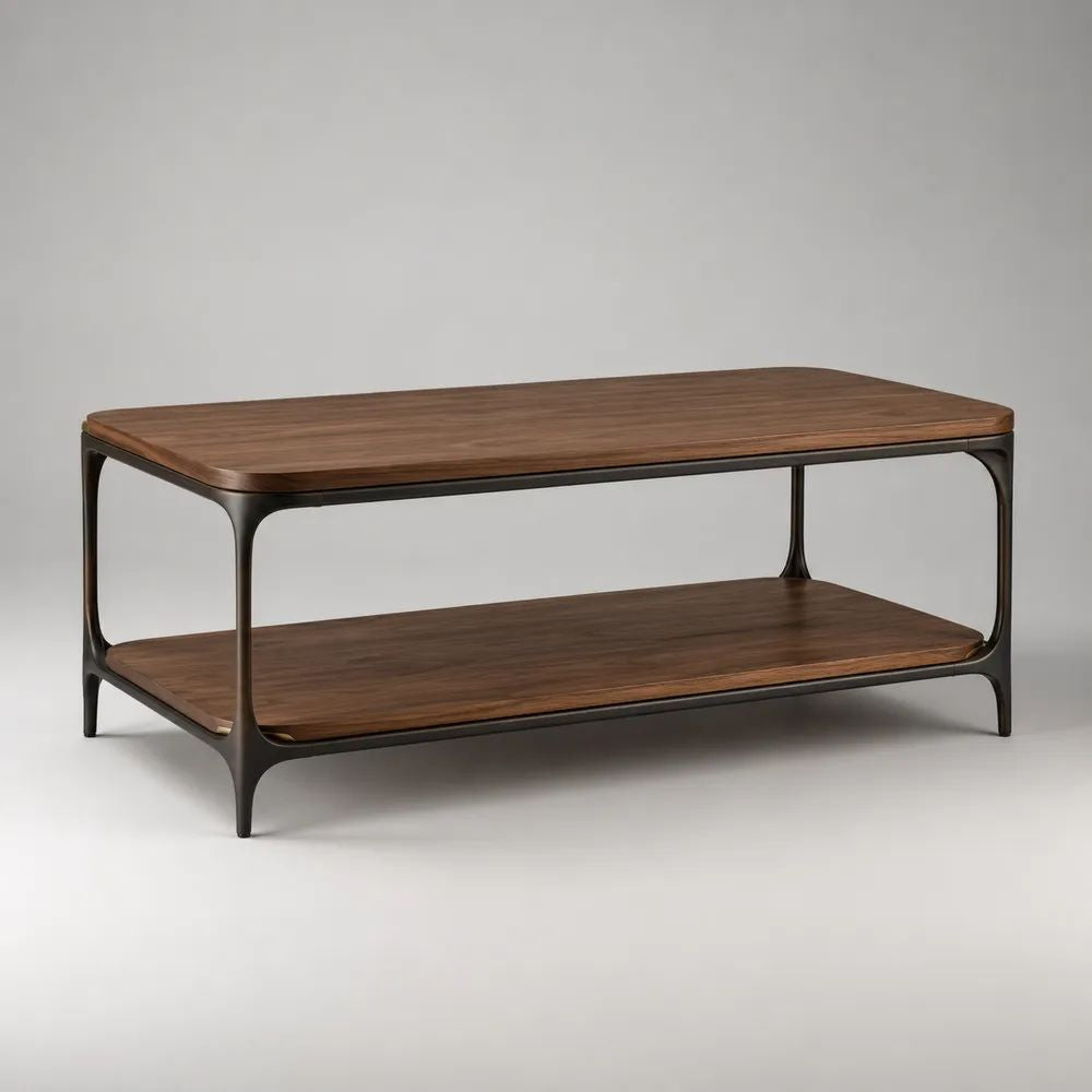Table basse rectangulaire en MDF plaqué noyer et acier noir avec étagère, 120 × 60 × 45 cm