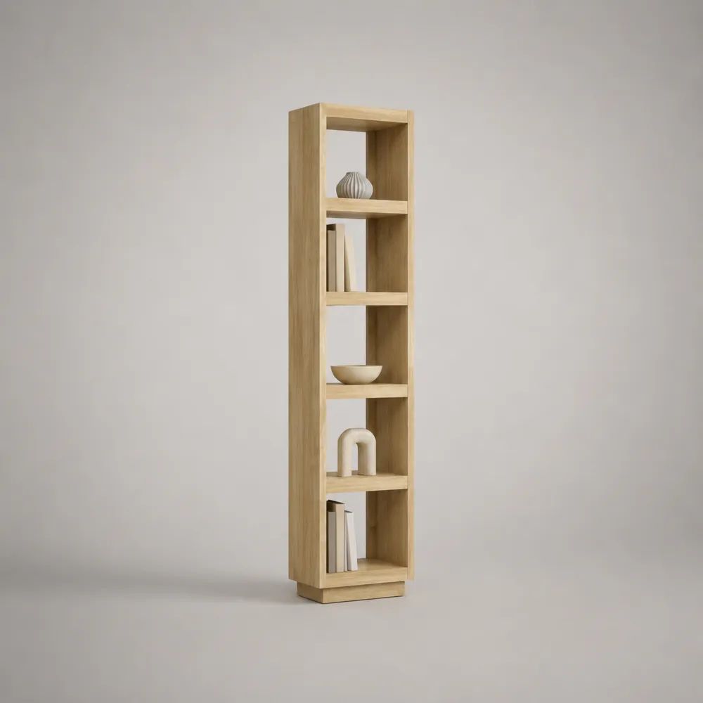 Bibliothèque colonne étroite en MDF, 5 niveaux ouverts, chêne clair, 35 × 30 × 180 cm
