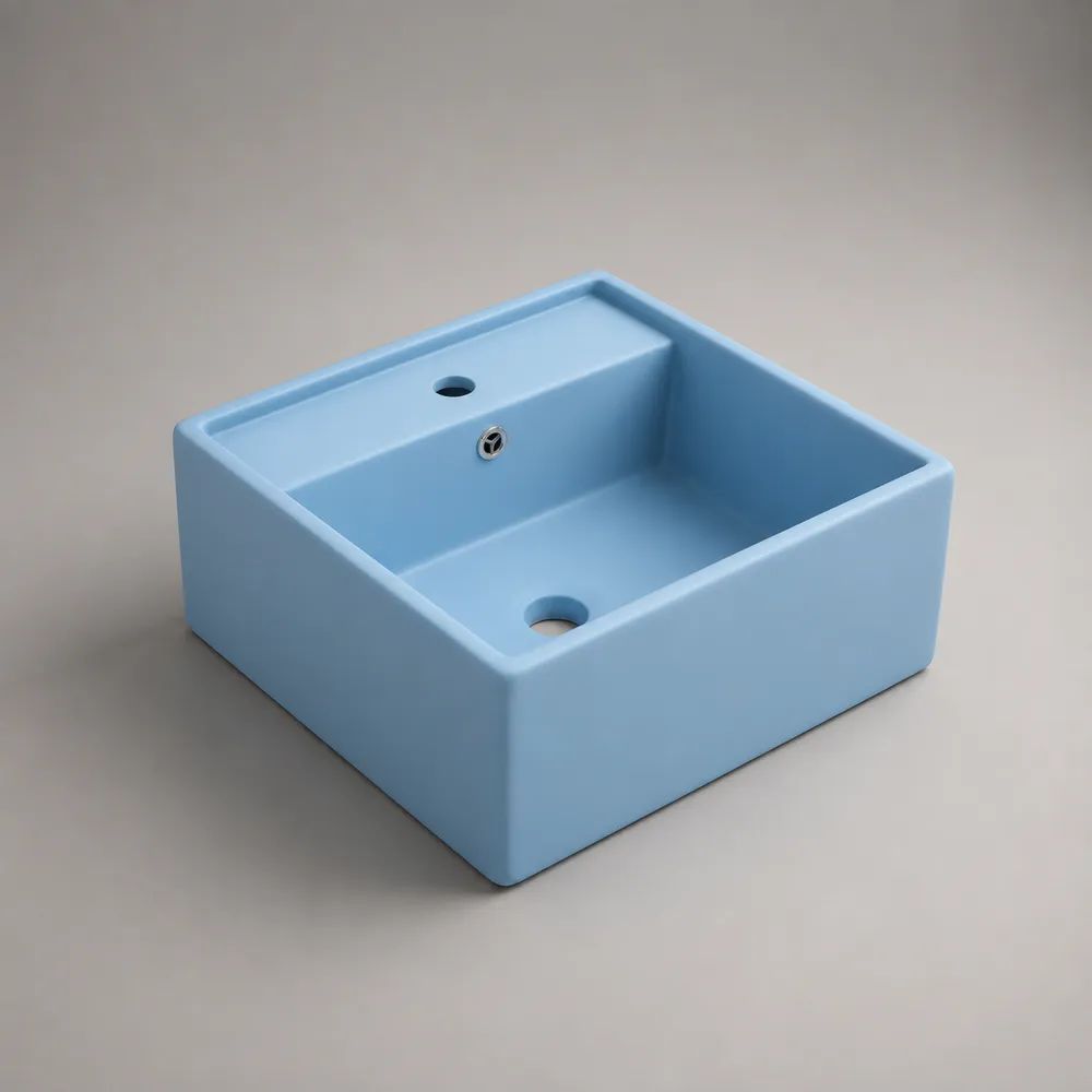 Vasque à poser carrée en céramique bleu clair 40 × 40 × 15 cm avec trop-plein et trou pour robinet
