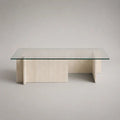 Table basse rectangulaire en verre trempé et travertin beige, 120 × 60 × 40 cm