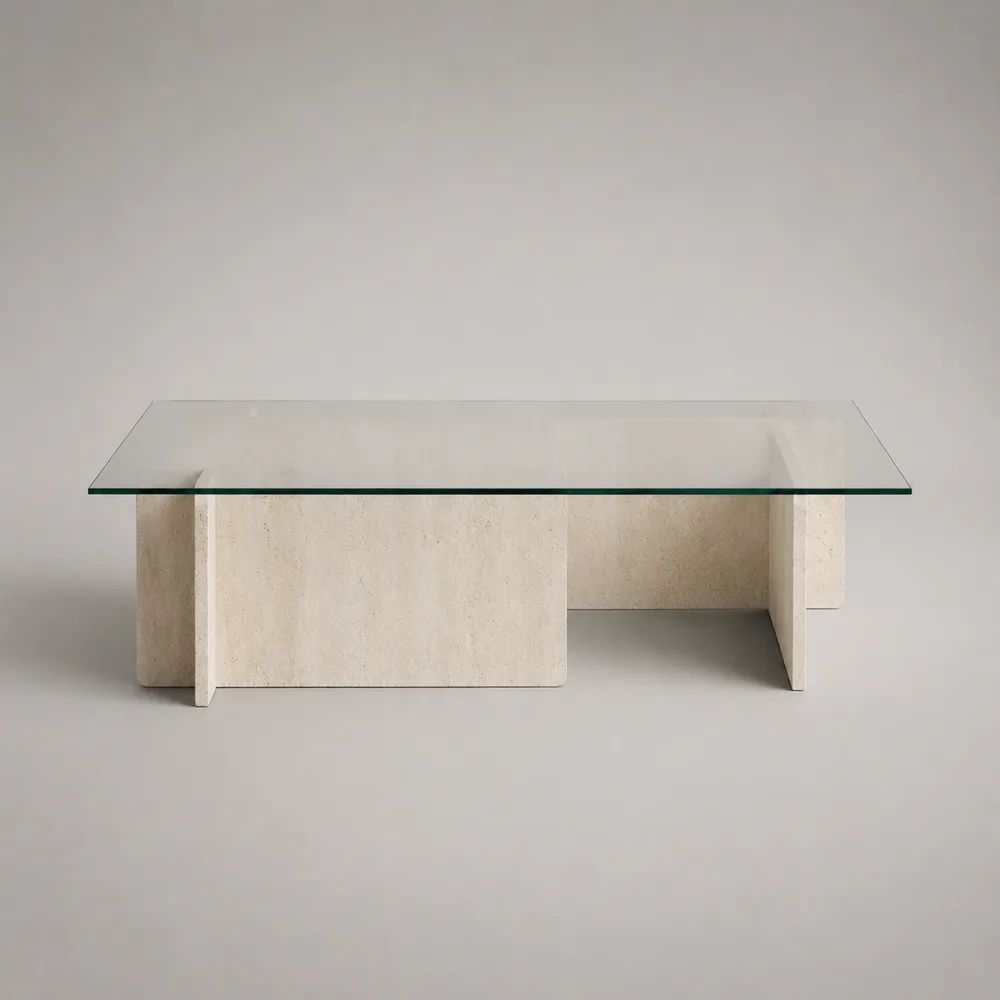 Table basse rectangulaire en verre trempé et travertin beige, 120 × 60 × 40 cm