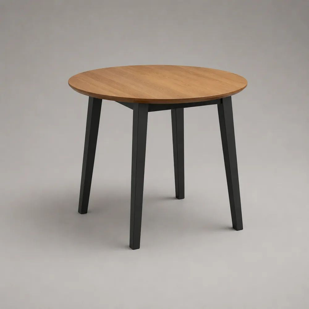 Table à manger ronde 4 places en MDF plaqué chêne et acier noir, Ø 80 × H 75 cm