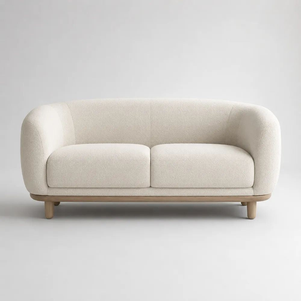 Canapé 2 places en polyester bouclé crème avec piètement en hévéa massif, forme arrondie, 170 x 86 x 78 cm