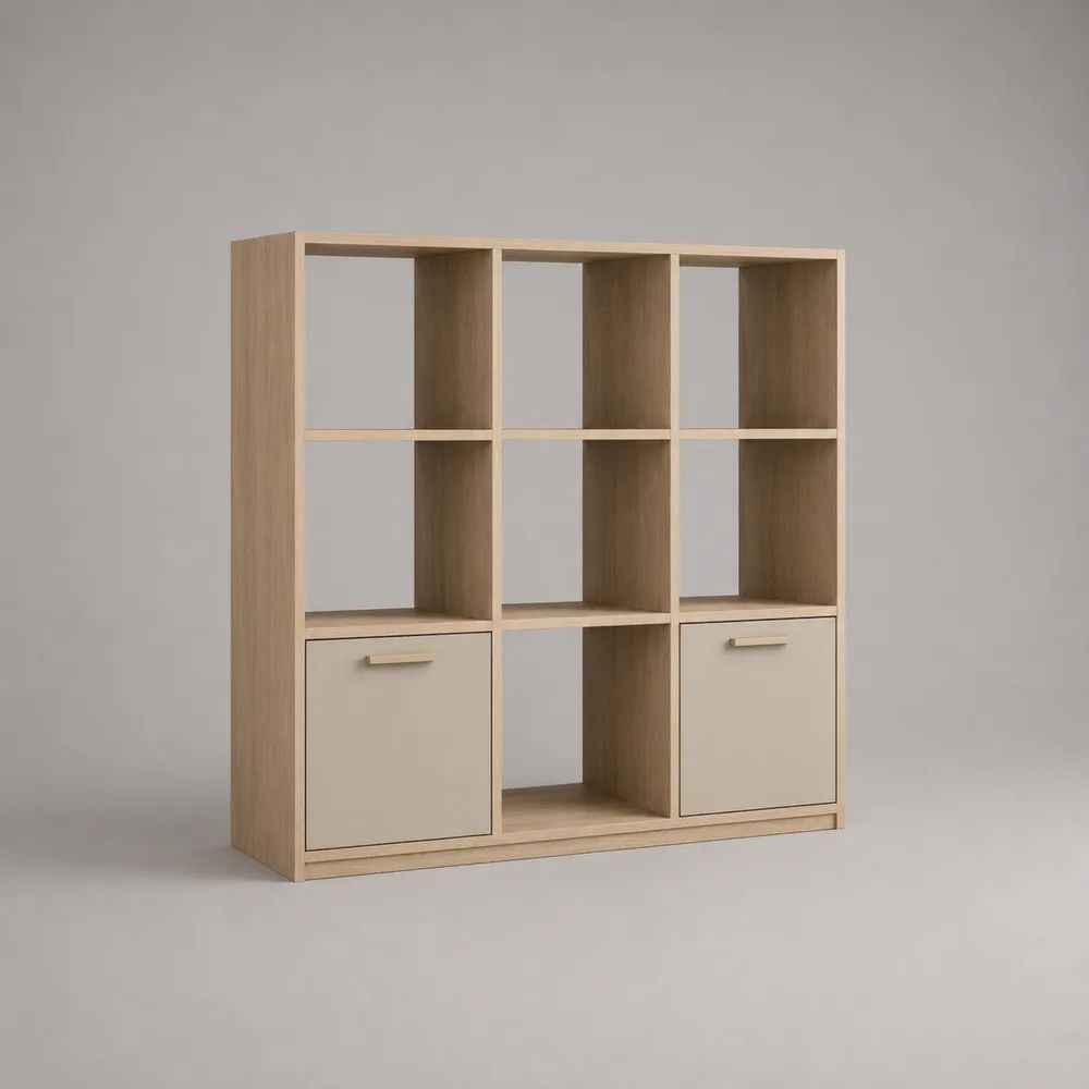 Bibliothèque rectangulaire 9 cases avec 2 portes en panneaux de particules mélaminés, chêne clair et beige, 110 × 30 × 110 cm