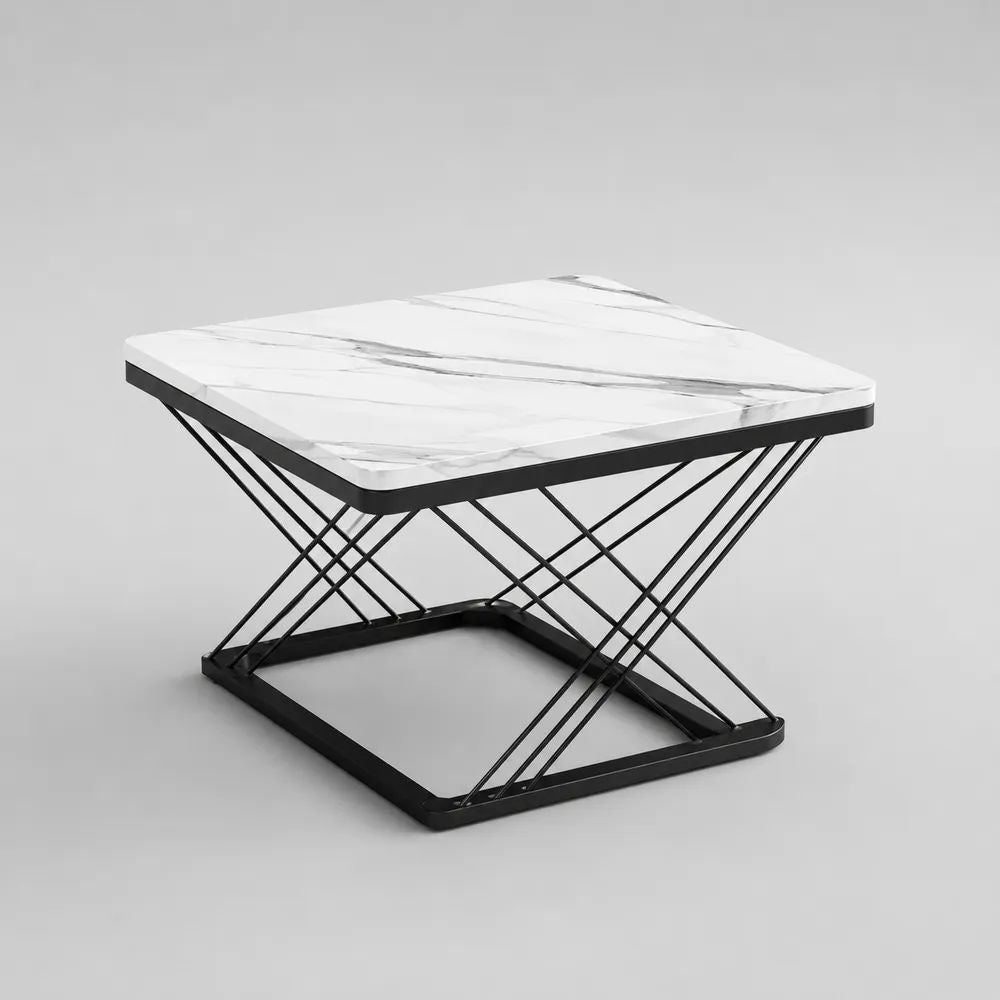Table basse carrée effet marbre en MDF et acier noir, 60 × 60 × 45 cm