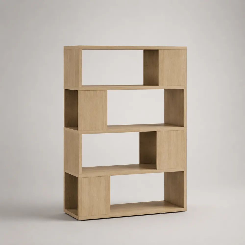 Bibliothèque étagère ouverte en panneaux de particules mélaminés, décor chêne clair, 8 compartiments, 80 x 30 x 120 cm