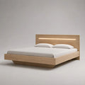 Lit double en MDF plaqué chêne clair avec tête de lit LED, couchage 160 x 200 cm, dimensions 170 x 215 x 105 cm
