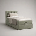 Lit coffre capitonné 1 place en tissu vert sauge, couchage 90 x 200 cm, dimensions 105 x 215 x 110 cm