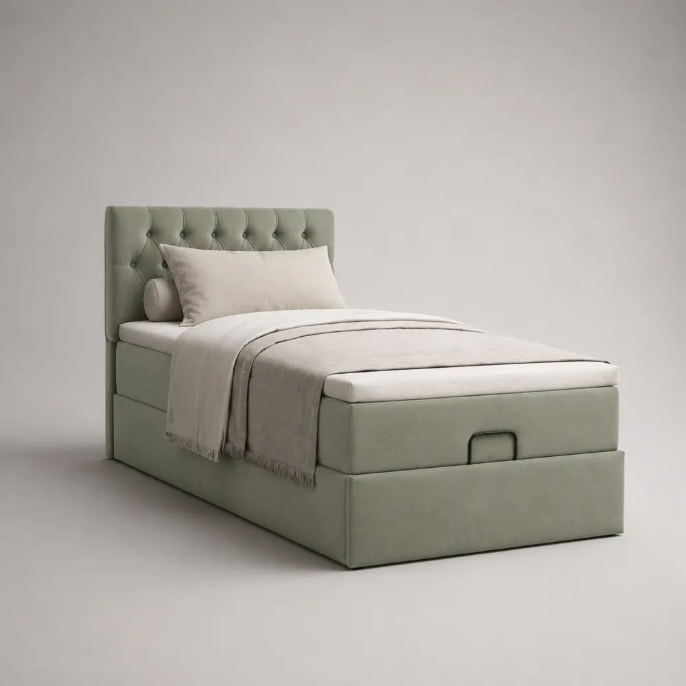 Lit coffre capitonné 1 place en tissu vert sauge, couchage 90 x 200 cm, dimensions 105 x 215 x 110 cm