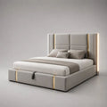 Lit coffre double 160 x 200 cm en velours polyester gris clair et métal doré avec tête de lit LED