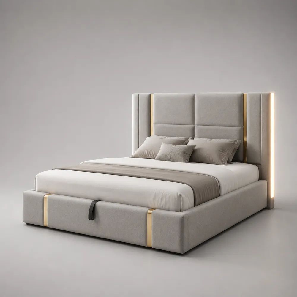 Lit coffre double 160 x 200 cm en velours polyester gris clair et métal doré avec tête de lit LED