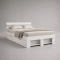 Lit double en bois blanc 160 × 200 cm avec tête de lit, 2 tiroirs et 2 niches