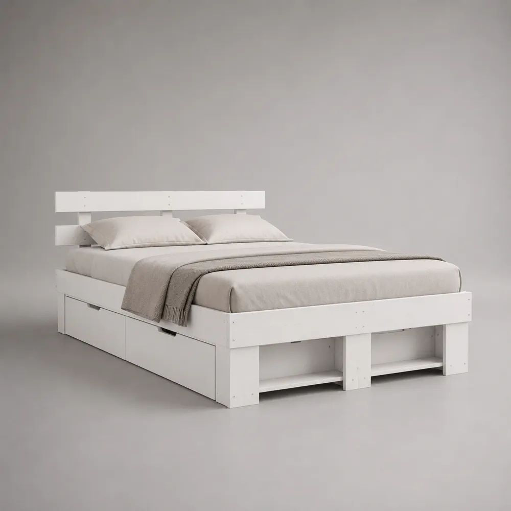 Lit double en bois blanc 160 × 200 cm avec tête de lit, 2 tiroirs et 2 niches