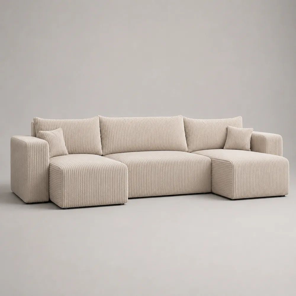Canapé panoramique modulable 4 places en tissu velours côtelé beige, ensemble de 3 modules, 290 × 160 × 85 cm