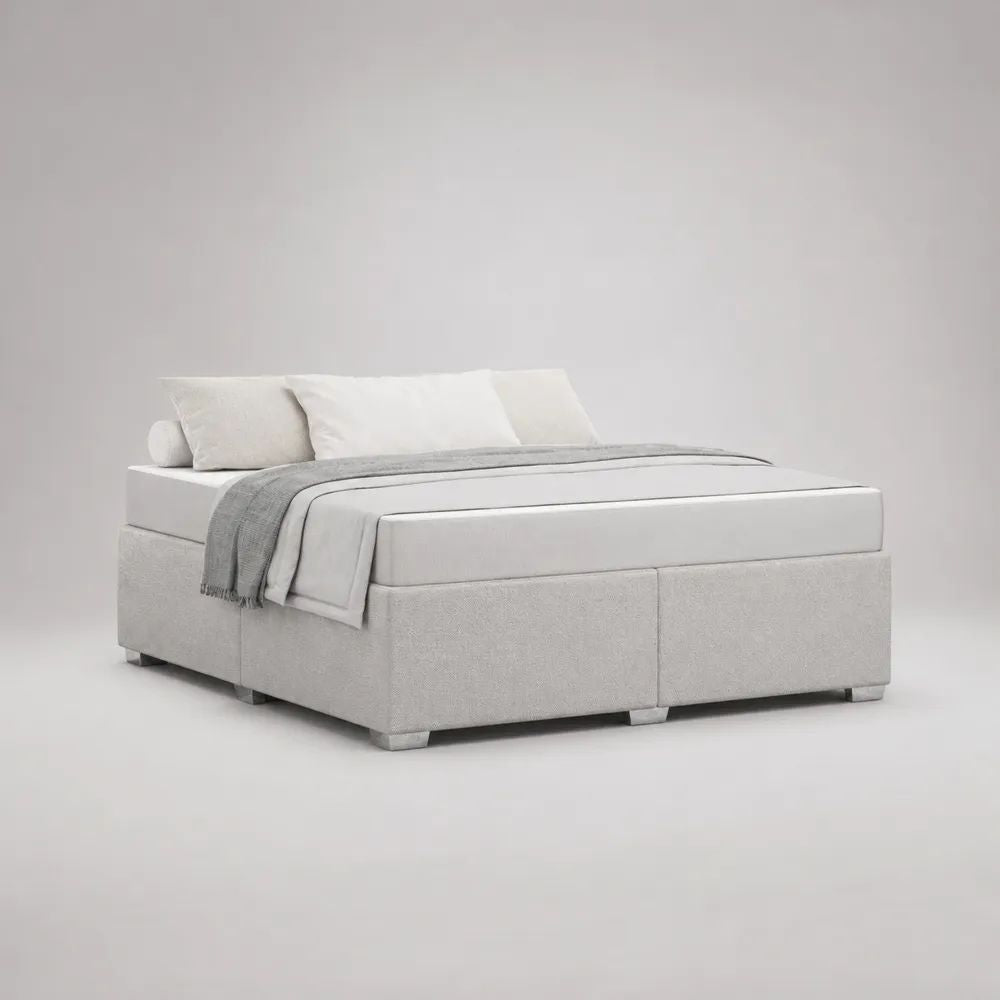 Lit double à sommiers tapissiers 180 x 200 cm en tissu gris clair, ensemble 3 pièces avec matelas en mousse