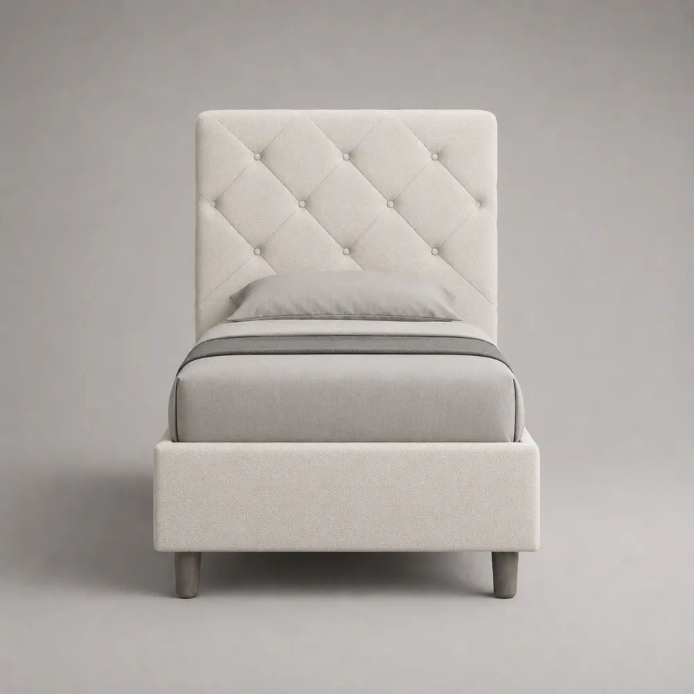 Lit simple rembourré 90 x 190 cm en tissu, tête de lit capitonnée blanc cassé et pieds gris