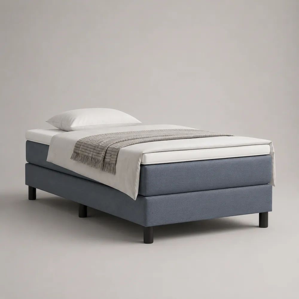 Ensemble lit continental 140 x 200 cm avec sommier, matelas et surmatelas en tissu bleu-gris