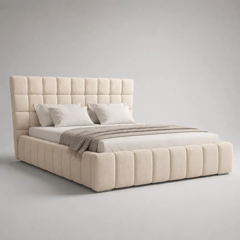 Lit coffre double 160 × 200 cm en tissu bouclette beige avec tête de lit capitonnée et sommier à lattes