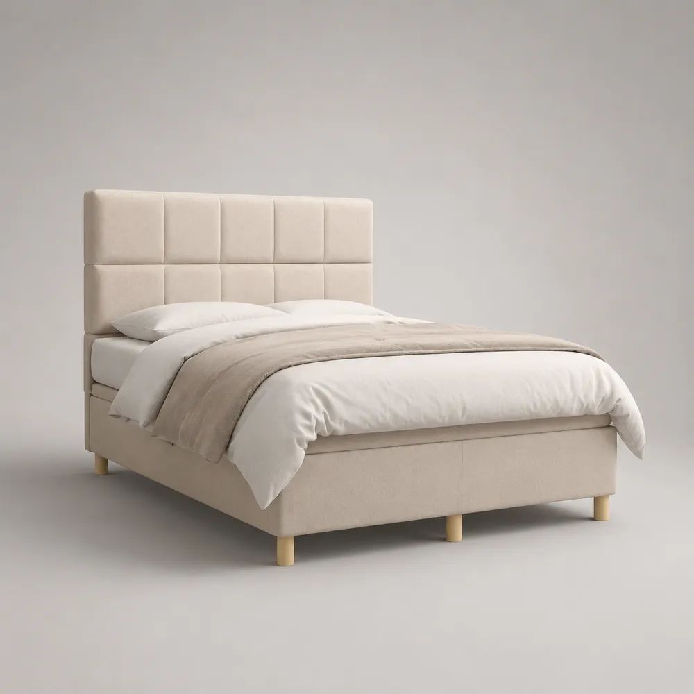 Lit double rembourré en tissu beige avec tête de lit à panneaux et sommier, couchage 160 x 200 cm, dimensions 170 x 215 x 120 cm