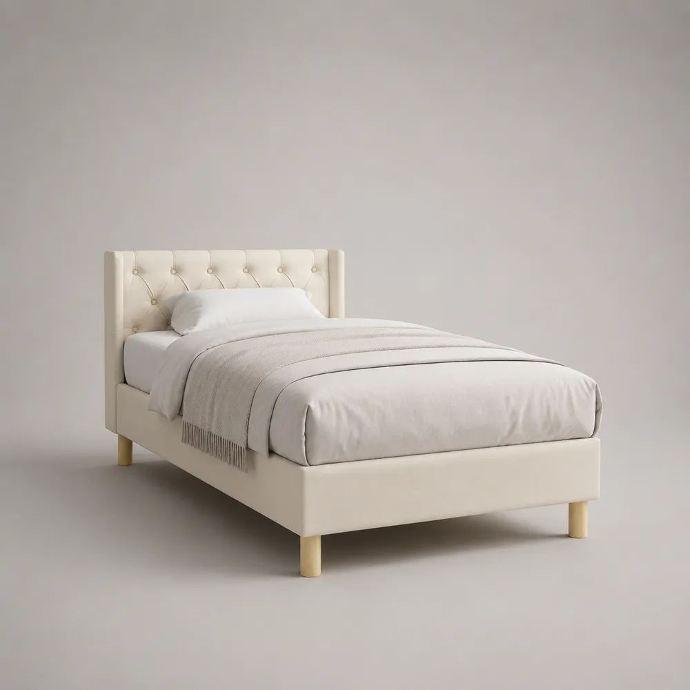 Lit simple 90 × 190 cm en polyester crème avec tête de lit capitonnée et sommier à lattes