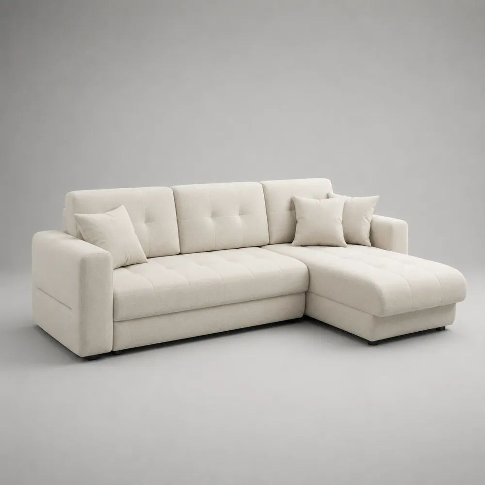 Canapé d’angle 3 places avec méridienne droite en tissu chenille écru, 250 × 160 × 90 cm