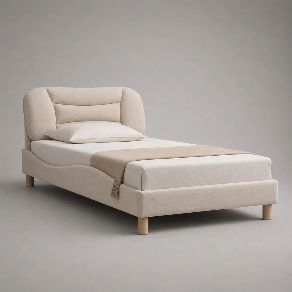 Lit rembourré beige en tissu bouclette avec tête de lit et sommier à lattes, couchage 120 x 200 cm, dimensions 214 x 132 x 108 cm