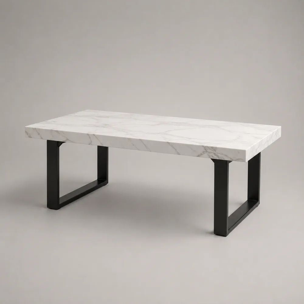 Table basse rectangulaire en MDF effet marbre blanc et métal noir, 100 × 60 × 45 cm
