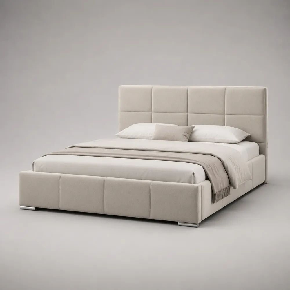 Lit double rembourré beige 160 x 200 cm en polyester avec tête de lit à panneaux