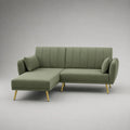 Canapé d’angle 3 places en microfibre polyester vert sauge avec méridienne gauche et pieds dorés, 220 × 145 × 85 cm