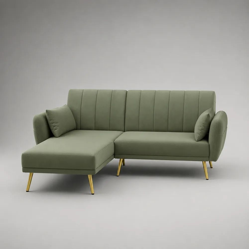 Canapé d’angle 3 places en microfibre polyester vert sauge avec méridienne gauche et pieds dorés, 220 × 145 × 85 cm