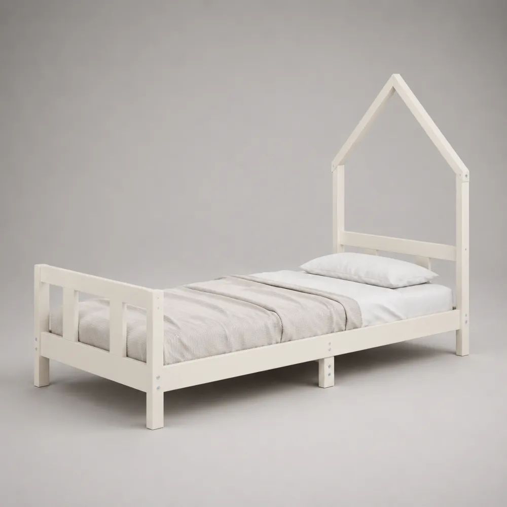 Lit cabane enfant en bois blanc avec sommier à lattes, couchage 90 × 190 cm, dimensions 198 × 98 × 170 cm