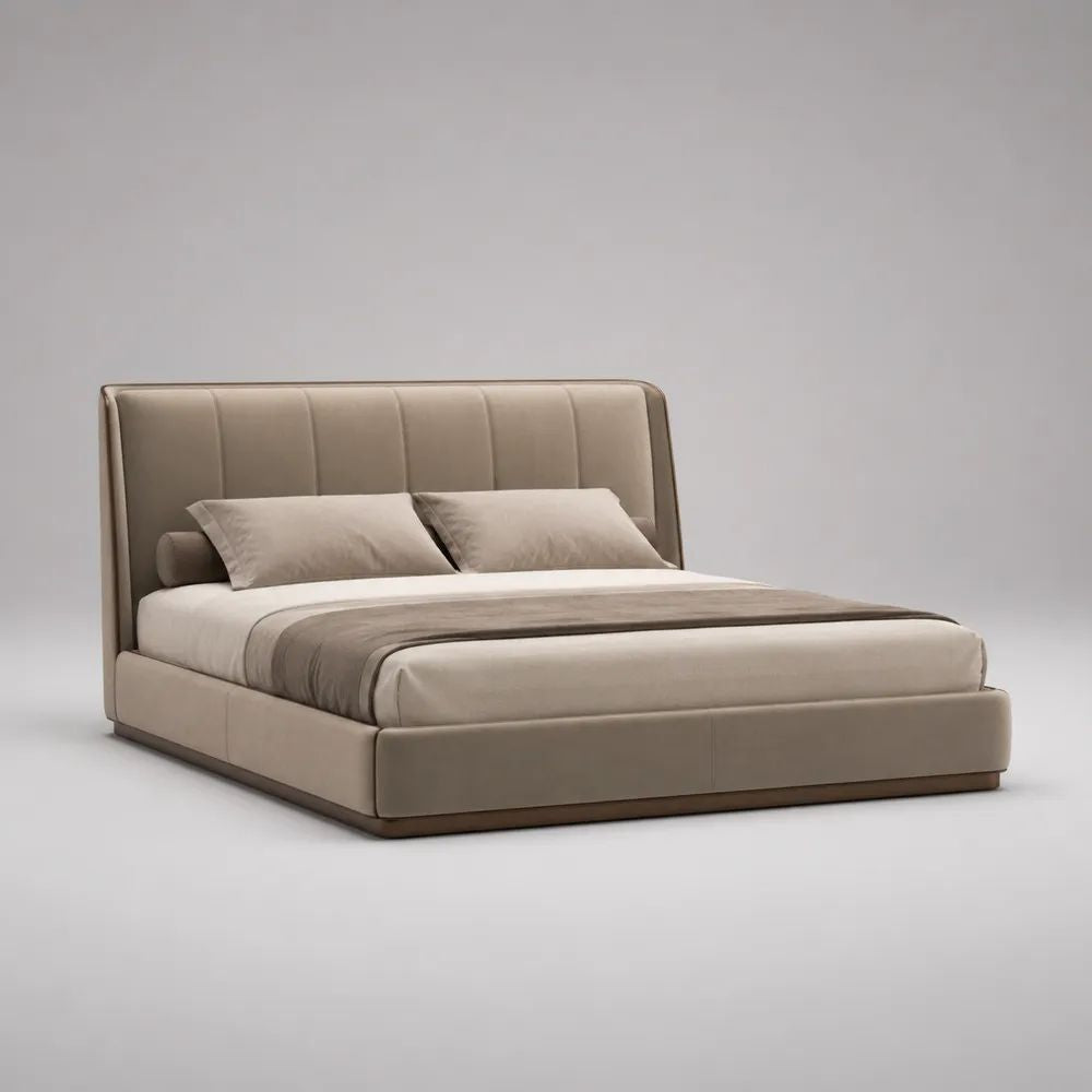 Lit double rembourré 160 × 200 cm en velours polyester beige et taupe foncé avec tête de lit