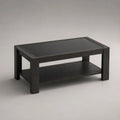 Table basse rectangulaire noire avec étagère en MDF plaqué frêne et plateau en verre trempé, 100 × 60 × 45 cm