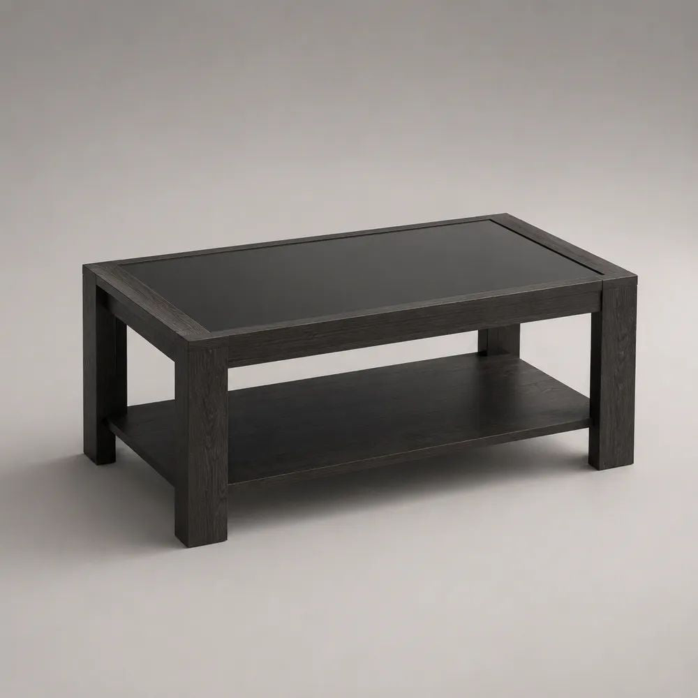 Table basse rectangulaire noire avec étagère en MDF plaqué frêne et plateau en verre trempé, 100 × 60 × 45 cm