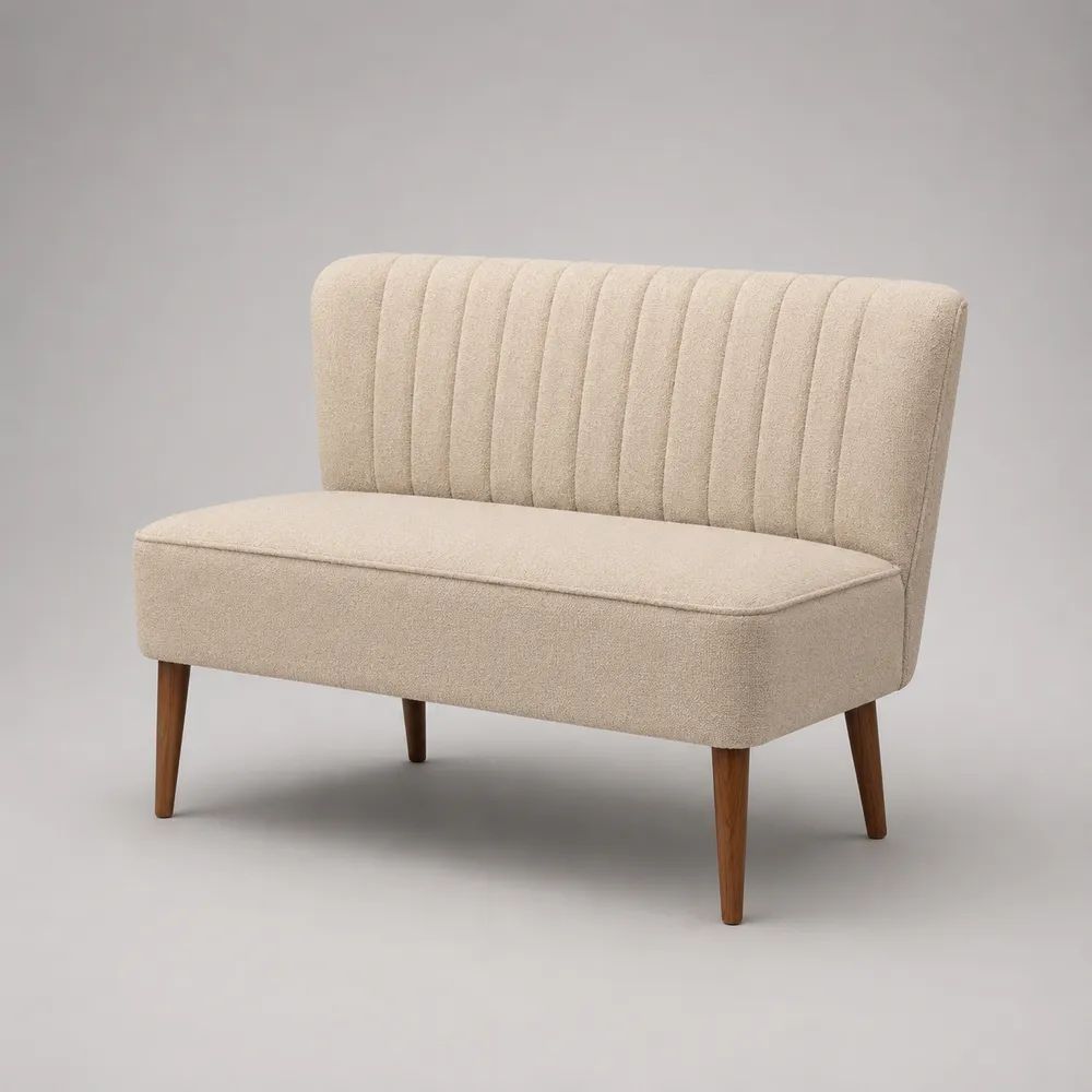 Canapé banquette 2 places sans accoudoirs en tissu bouclé beige avec pieds en bois brun, 120 x 62 x 88 cm