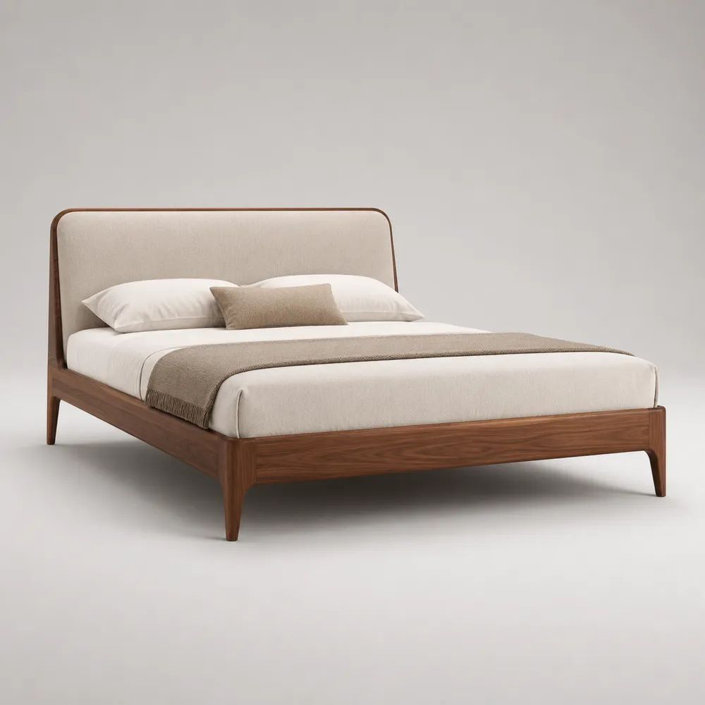 Lit double 160 x 200 cm en bois brun noyer avec sommier à lattes et tête de lit rembourrée beige