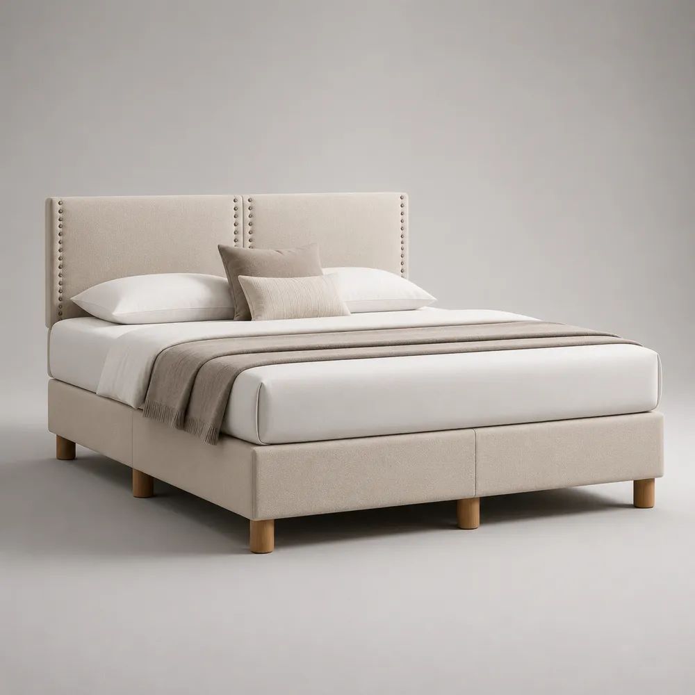 Lit double rembourré beige 160 x 200 cm avec tête de lit à clous décoratifs et pieds en bois, 220 x 172 x 115 cm