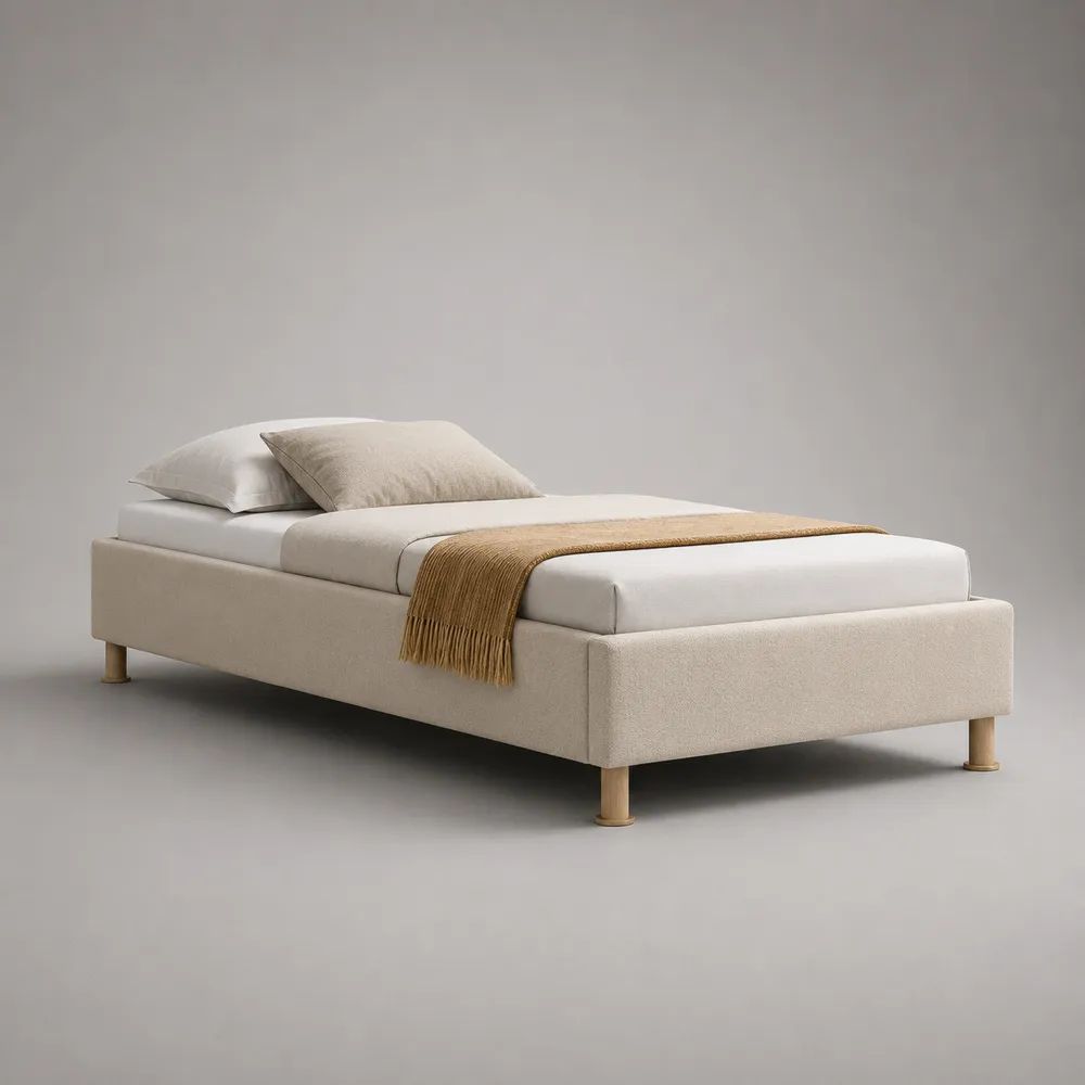 Cadre de lit rembourré beige et bois naturel 140 × 200 cm en tissu et bois avec sommier à lattes