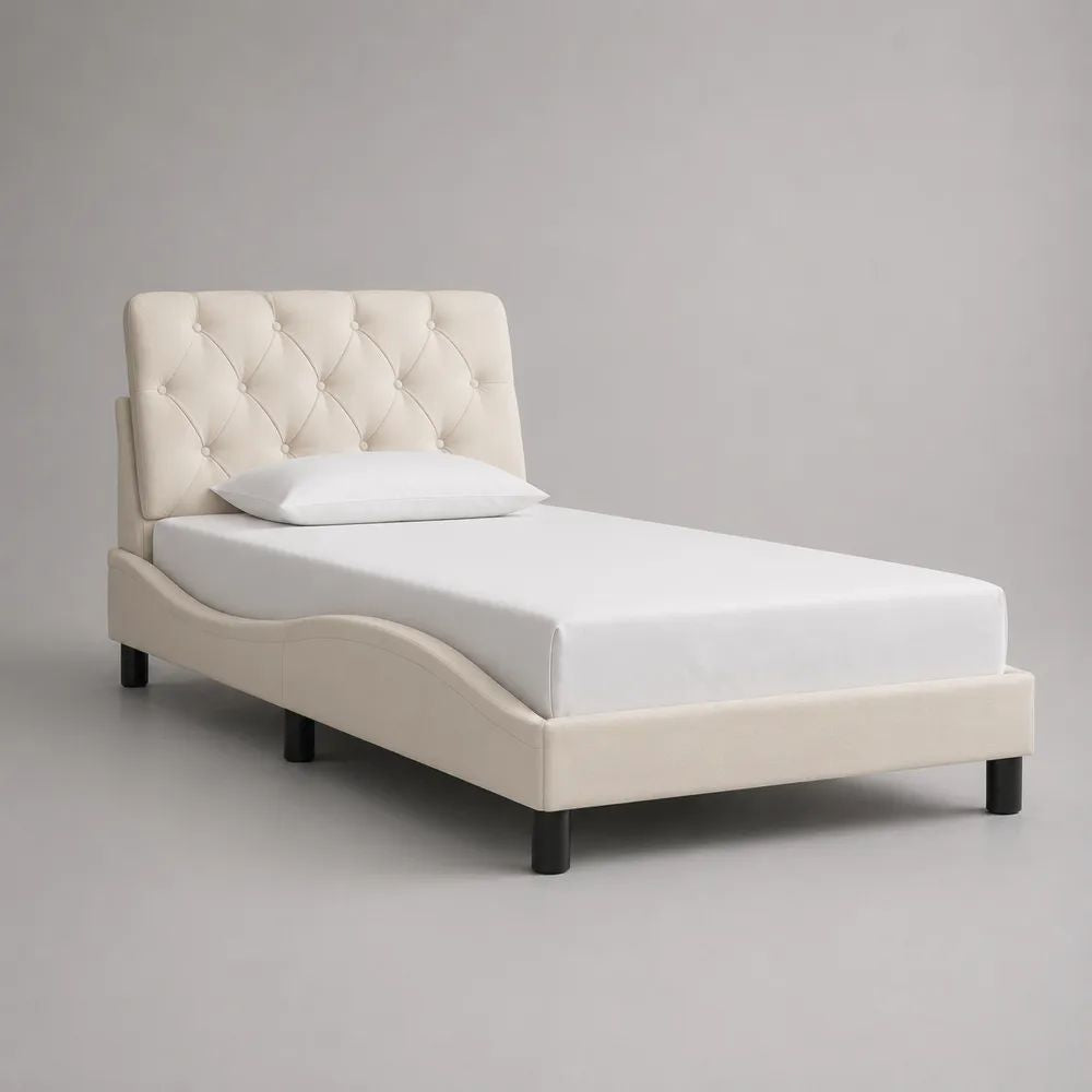 Lit simple rectangulaire capitonné en velours polyester crème avec sommier à lattes, couchage 90 × 190 cm