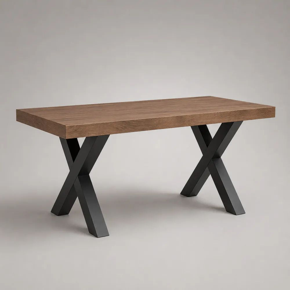 Table à manger rectangulaire fixe en bois et métal, brun chêne et noir, 140 x 80 x 75 cm