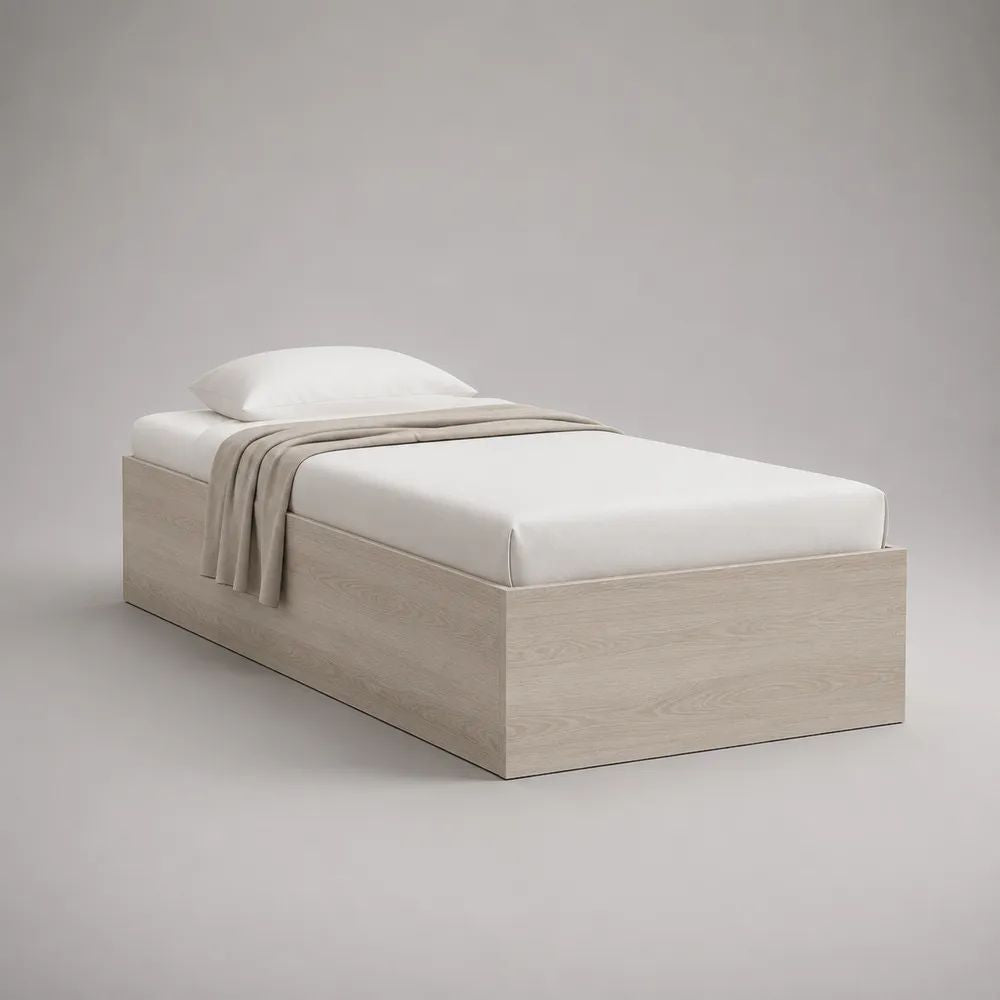 Cadre de lit plateforme 1 place en panneaux de particules, beige clair finition chêne blanchi, 196 × 96 × 45 cm, couchage 90 × 190 cm