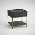 Table d’appoint rectangulaire avec tiroir en bois, métal et pierre, noir et laiton, 55 × 45 × 60 cm