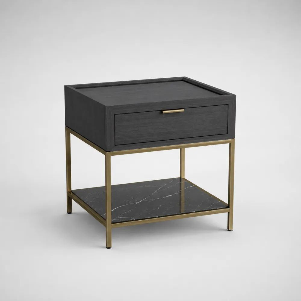 Table d’appoint rectangulaire avec tiroir en bois, métal et pierre, noir et laiton, 55 × 45 × 60 cm