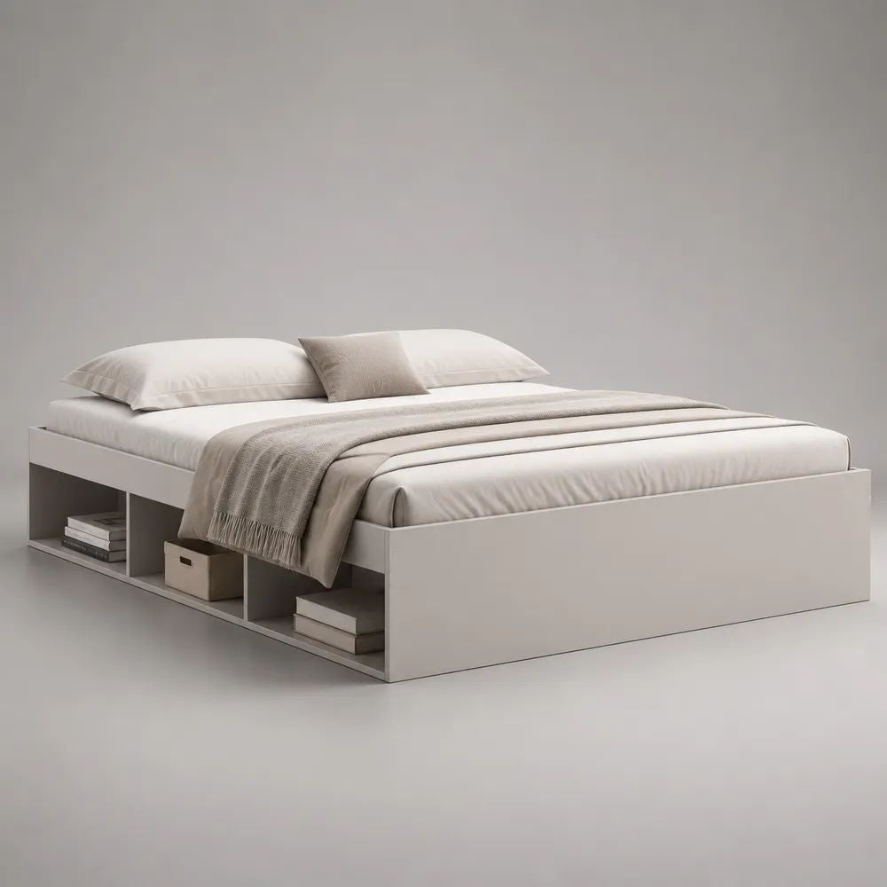 Lit double avec rangement 160 × 200 cm en panneaux de particules mélaminés blanc cassé, 206 × 166 × 50 cm