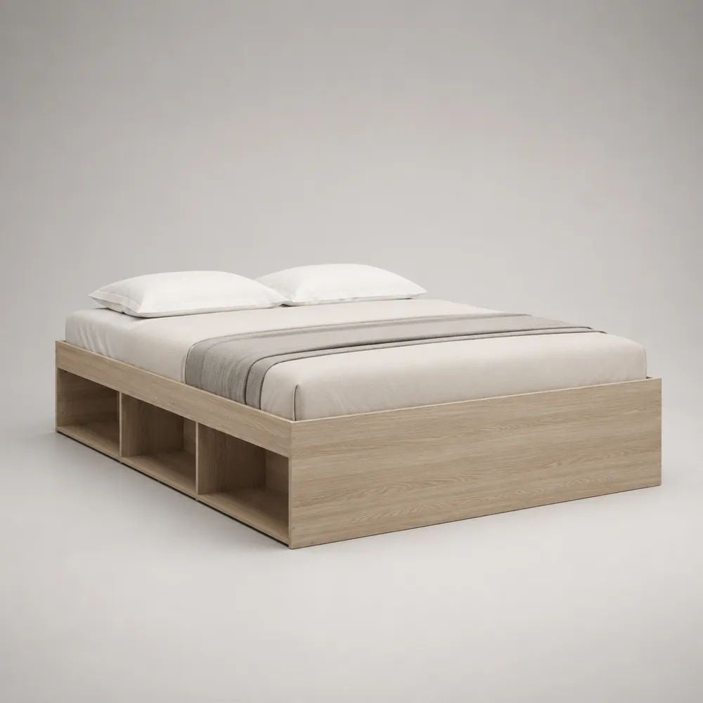 Lit double avec rangement 160 × 200 cm en panneaux de particules mélaminés, chêne clair